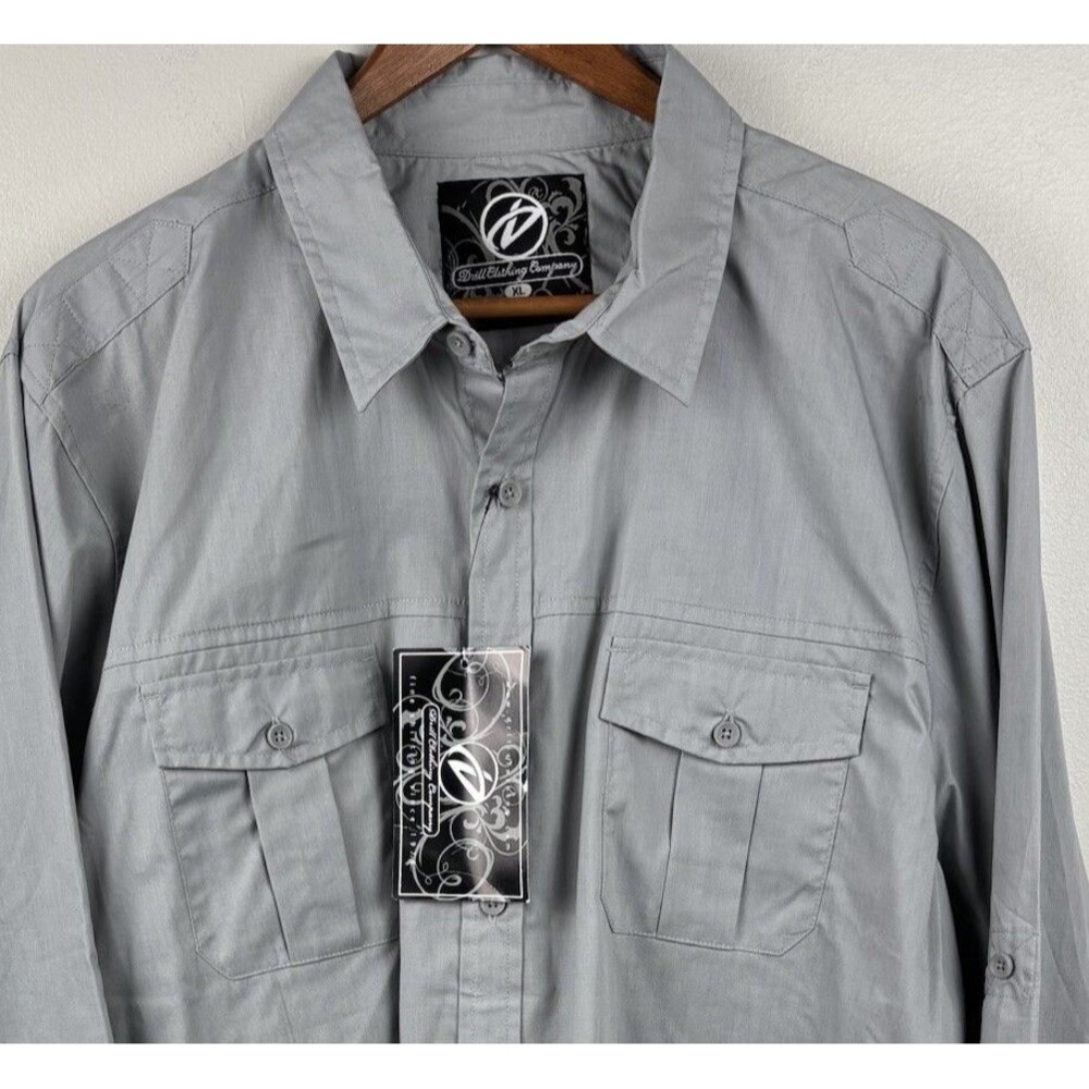 NWT Drill Clothing Company Shirt Men Medium Gray Button Up Long Roll Tab Sleeve